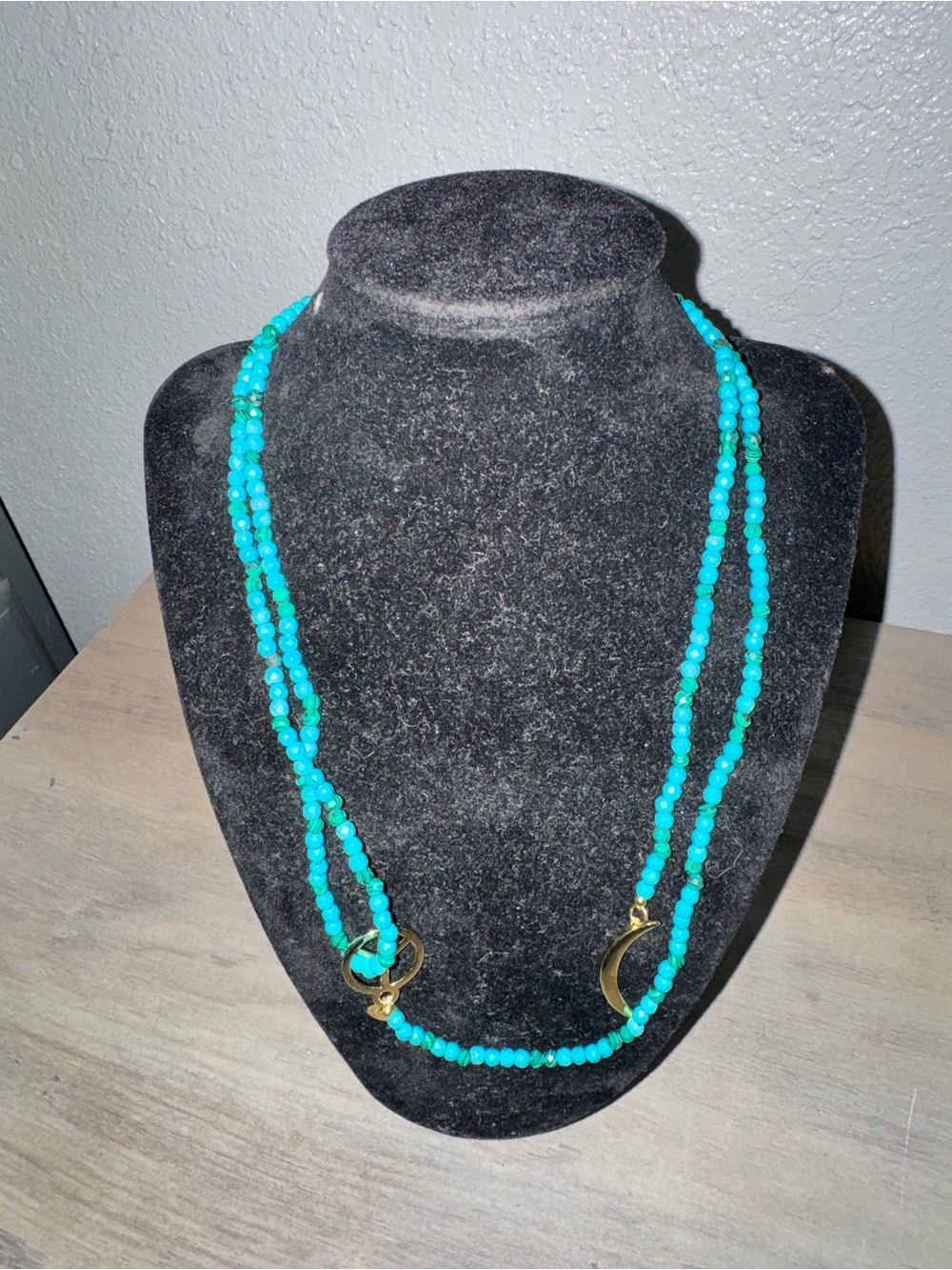 Turquoise Beaded Double-Strand Necklace with Gold Crescent Accents